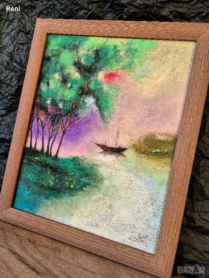 Езерото, картина оригинал, пастел, снимка 1