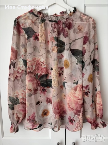  Нова разкошна феерична елегантна риза блуза шифон божури 3 Д флорален принт цветя, снимка 1
