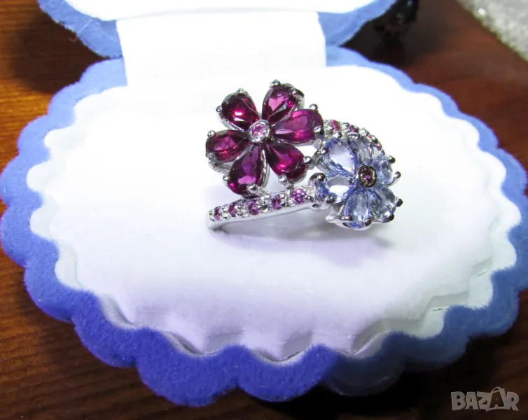 925 сребърен пръстен с родолит гранат и танзанит, подходящ за подарък, снимка 1