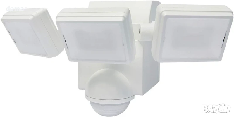Бяла IQ тройна прожекторна лампа за сигурност с PIR сензор, работеща с батерии, 1000 лумена LED, снимка 1