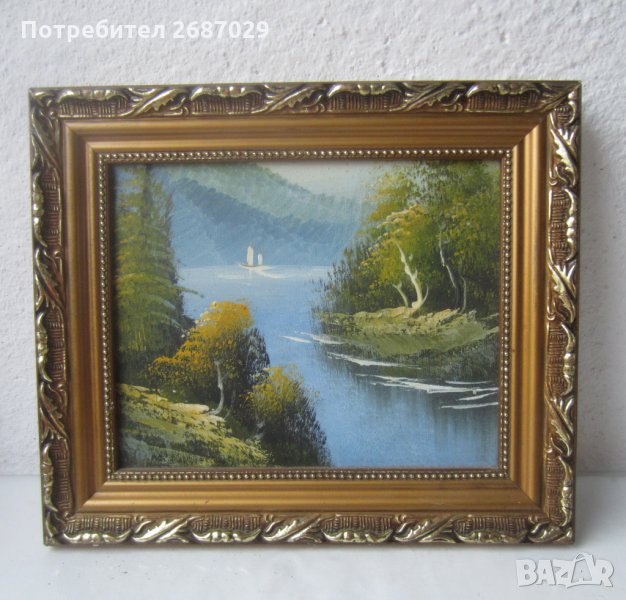 Пейзаж, река, планина, гора с рамка, картина, снимка 1