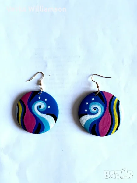 Ръчно рисувани сини дървени обици модел 11, снимка 1