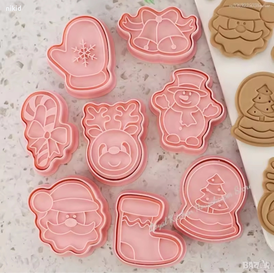 8 бр Коледни Снежен човек елха чорап дядо пластмасови разглобяеми резци форми фондан тесто бисквитки, снимка 1