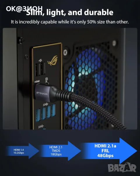 Stouchi 8K HDMI кабел 6FT, (сертифициран) 48Gbps ултра високоскоростен HDMI® 2.1 кабел, снимка 1