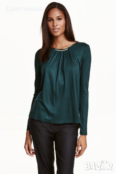 Тъмно зелена дамска блузка с метален детайл, снимка 1