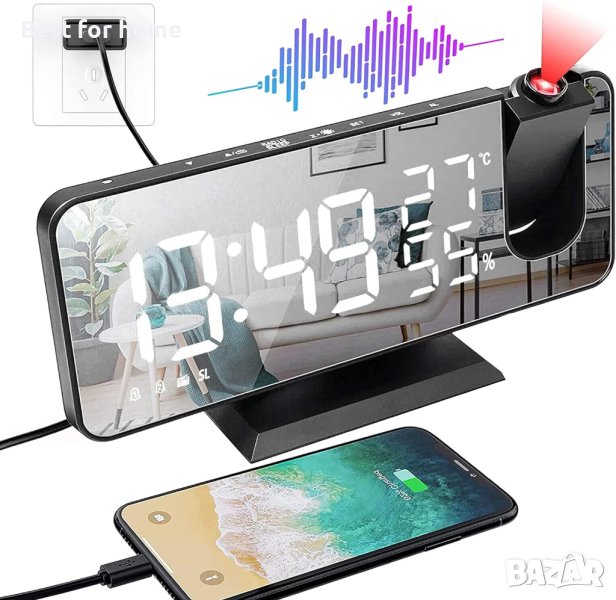 Прожекционен будилник LED дигитален,FM радио,температура и влажност,USB порт за зареждане,огледален, снимка 1
