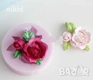 Роза с пъпка и листо силиконов молд форма фондан шоколад гипс , снимка 1