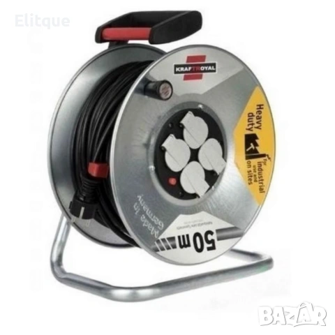 Електрически удължител с макара KraftRoyal 50m — здрава поцинкована конструкция, 4 гнезда , снимка 4 - Други стоки за дома - 53354548