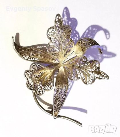 Старинна Сребърна Брошка Красива Дива Орхидея Филигран, снимка 2 - Други - 52437969