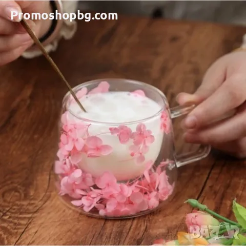 ПРОМОЦИЯ! Двустенна Стъклена чаша със сухи цветя, боросиликатно стъкло, 180 мл, снимка 5 - Чаши - 49090153