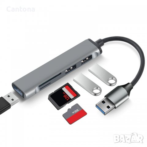 USB C Hub 5 в 1 USB-C към 3хUSB 3.0, SD/TF четец на карти, снимка 1 - Други - 39247945