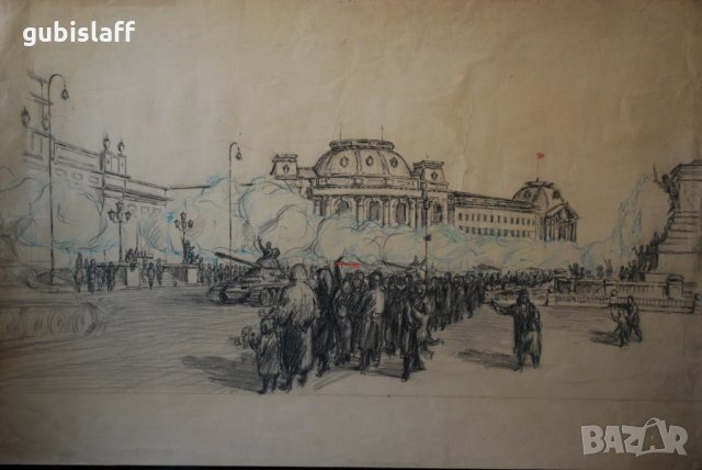 Стара картина, София, военни, танк, парад, 1950-те, снимка 2 - Картини - 31367556