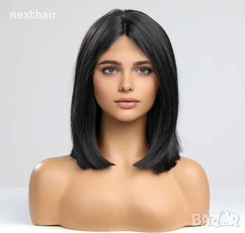 Елегантна права черна каре перука 35 см с път, снимка 2 - Аксесоари за коса - 54189668