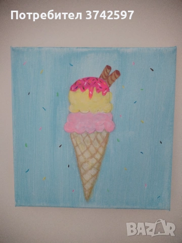 Акрилна рисунка „Сладолед“ върху канава 20/20 – ръчно изработена картина за детска стая, сладкарница, снимка 3 - Картини - 54042076