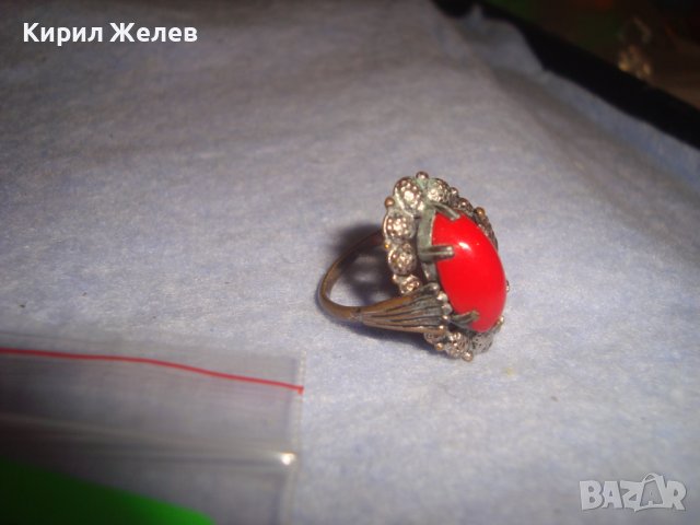 СТАР БРОНЗОВ РЕТРО АР НУВО ФЛОРАЛЕН ПРЪСТЕН с ЧЕРВЕН КАТАЛИН 22337, снимка 2 - Антикварни и старинни предмети - 37442753