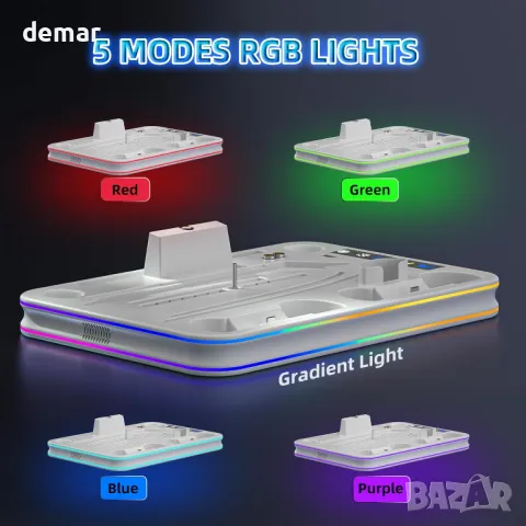 Стойка и охладителна станция с RGB LED, станция за зареждане, PS5 / PS5 Slim, бяла, снимка 3 - Аксесоари - 48432613
