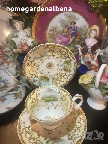 Антика Coalport England Circa 1827 – Порцеланова чаша с чинийка | Ръчно рисувани пейзажи, снимка 2 - Декорация за дома - 54059981