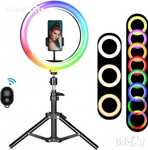 Комплект LED ринг лампа 7 цвята с трипод и дистанционно - RING RGB LIGH 10инча, 210, снимка 1 - Светкавици, студийно осветление - 38091047