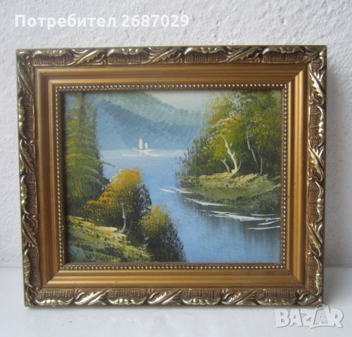 Пейзаж, река, планина, гора с рамка, картина