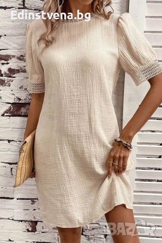 Дамска къса рокля в бежово с къси бухнали ръкави и бродерия, 100% памук, снимка 3 - Рокли - 53124023
