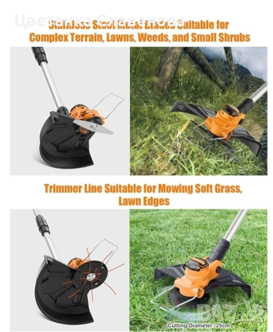 Акумулаторен тример за трева 21 V с 2 батерии 2.0 Ah за тревни площи и други градинарски дейности, снимка 2 - Други инструменти - 53973493