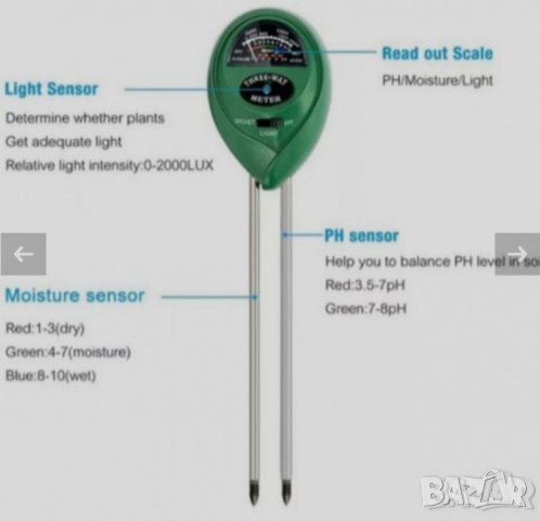 ⚛️ Ph метър, влагомер и светломер за почва различни цветове 3в1, снимка 2 - Измервателни инструменти - 37474553