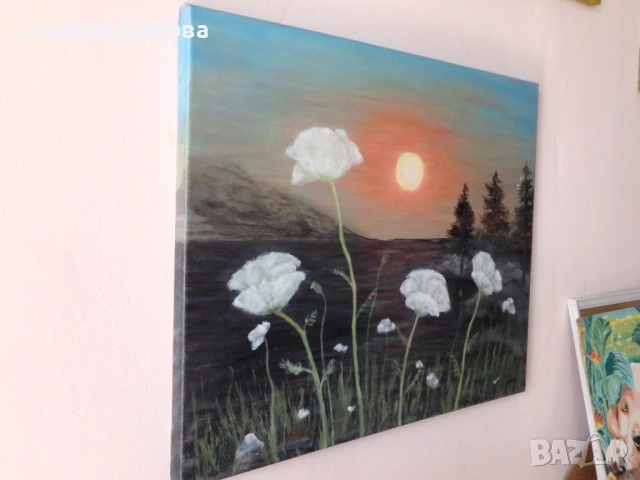 Бели макове, маслени бои, снимка 4 - Картини - 54330869