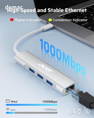 Acer USB C към Ethernet адаптер, 4-в-1 USB C хъб с 3 USB A 3.1 и 1Gbps RJ45 мрежа, снимка 3 - Кабели и адаптери - 44480483