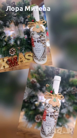 Коледни бутилки за вино с декупаж, снимка 3 - Коледни подаръци - 52605611