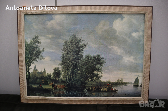 Картина репродукция / канава/ Salomon van Ruysdael - Rivierlandschap met veerpont (1649), снимка 2 - Картини - 44562287