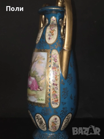 Антикварна ръчно декорирана френска порцеланова ваза, XIX век, снимка 4 - Антикварни и старинни предмети - 52211221