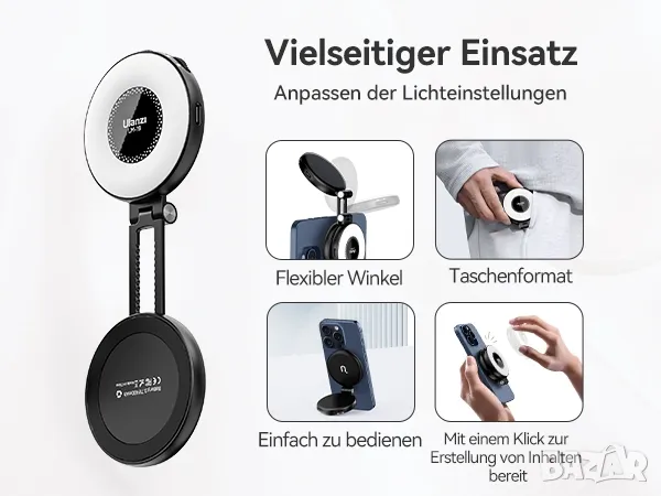 ULANZI LM19 магнитна акумулаторна светлина за селфита iPhone, android , снимка 9 - Чанти, стативи, аксесоари - 50390961