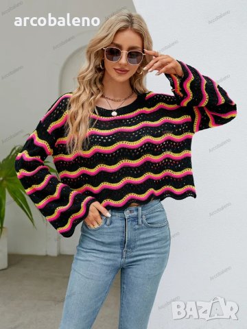 Дамски моден пуловер с дълги ръкави и кръгло деколте на райета, 2цвята - 023, снимка 3 - Блузи с дълъг ръкав и пуловери - 42305036