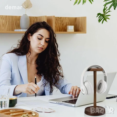 Дървена стойка за слушалки, подвижна стойка за слушалки от орехово дърво с тава за съхранение, снимка 3 - Слушалки и портативни колонки - 50602107