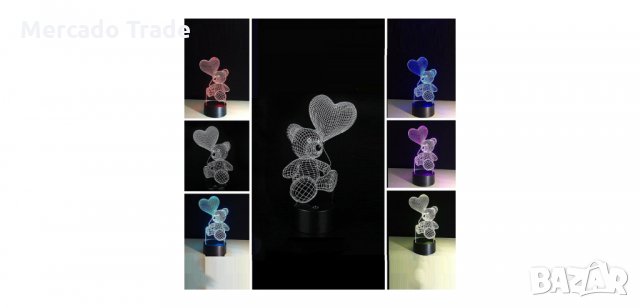 3D LED лампа, Три цвята, Мече със сърце, снимка 3 - Декорация за дома - 34899888
