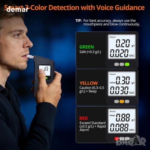 Proster Тестер за алкохол - дрегер, с двойни сензори, 3-цветен визуален индикатор и звуков сигнал, снимка 5 - Други стоки за дома - 53949406