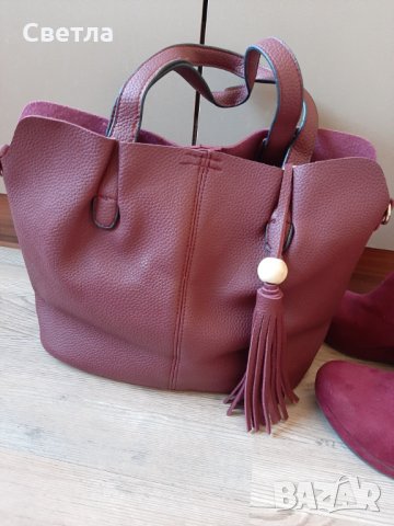 Дамска чанта + боти цвят бордо, снимка 4 - Чанти - 29417455