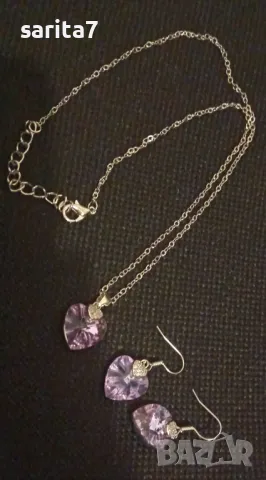 Нов подаръчен комплект Сваровски от колие и обеци във формата на сърце в лилаво , снимка 2 - Бижутерийни комплекти - 47205548