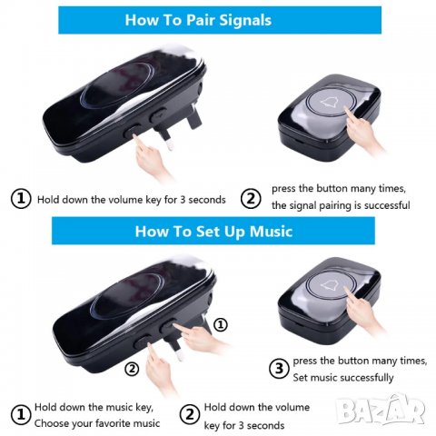 Безжичен водоустойчив звънец / 2 бутона, 3 звънеца, снимка 9 - Други стоки за дома - 39682711