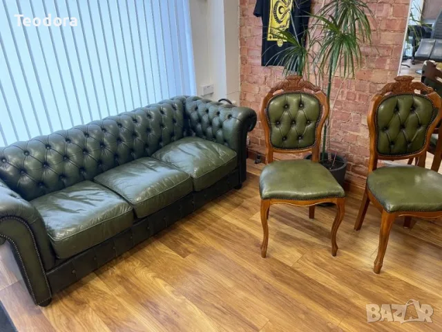 Честърфийлд chesterfield кожен диван тройка , снимка 4 - Дивани и мека мебел - 56251998