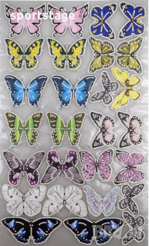 Декорация пеперуди с камъчета за дрехи. Лист с 27 пеперуди с различни дизайни и размери. Размери на 