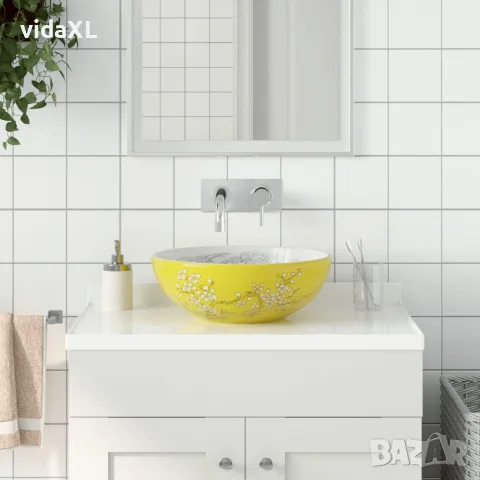 vidaXL Мивка за плот, бяло и жълто, кръгла, Φ41x14 см, керамика, снимка 2 - Мивки - 56146207