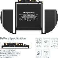Батерия A1706, Runpower A1819 за MacBook Pro 13 инча EMC 3071 3163, снимка 2 - Батерии за лаптопи - 42048796