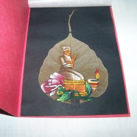 Ръчно рисувана картичка върху листо от дървото Бодхи, Индия 1, снимка 4 - Други ценни предмети - 35593571