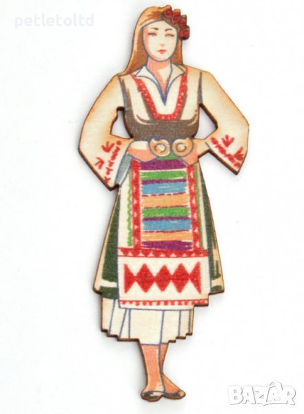 Мома в народна носия - лазерно рязани дървени елементи с гравирани цветни елементи (70 мм Х 30 мм), снимка 1