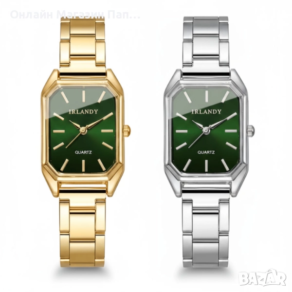 Дамски кварцов часовник IRLANDY – правоъгълен корпус, стоманена верижка, сребрист или златист, снимка 1