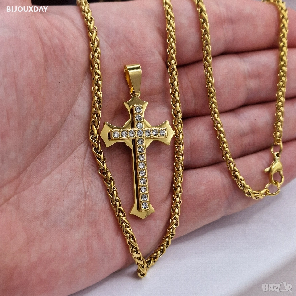 ланец и кръст от медицинска стомана 18 карата златно покритие, снимка 1