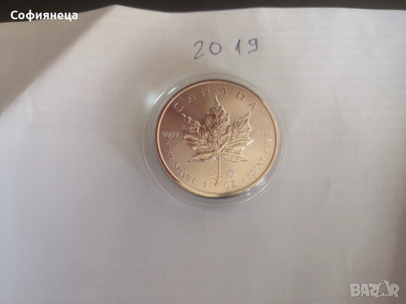 СРЕБРО 1 OZ КАНАДСКИ КЛЕНОВ ЛИСТ 2019 1 УНЦИЯ, снимка 1
