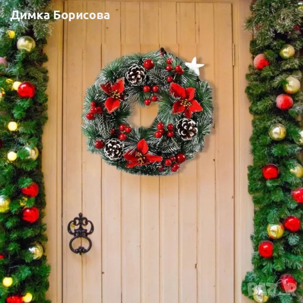 Коледен венец за декорация с шишарки и изкусветни коледни звезди, снимка 1