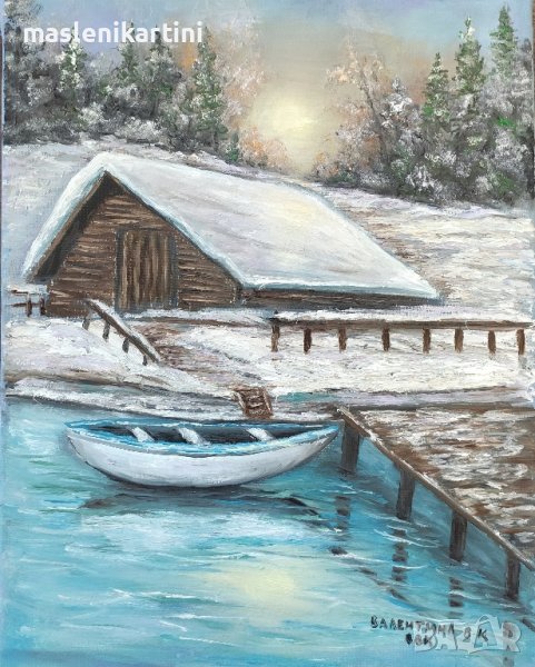 Зимен пейзаж с къща маслена картина , снимка 1